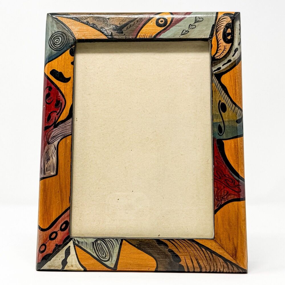 Hand Painted Kenyan Wood Picture Frame Folk Art Boho Tribal Safari Decor